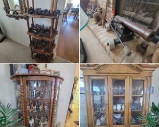 Collectibles, curio, statues, display cabinets, mirror...