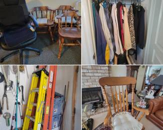 Office chair, chairs, ladders, gardening tools, rocking chair, rug...