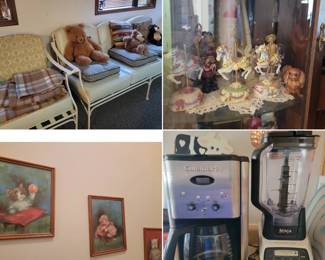 Stuffed animals, coffee maker, Ninja blender, pictures/frames...