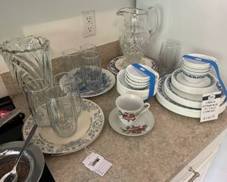 Corelle Oldtown Blue 40 Piece China Set, Glasses, Plates, Pitchers