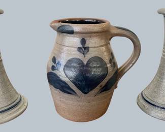 Rowe Pottery heart pitcher with Rowe candle holders