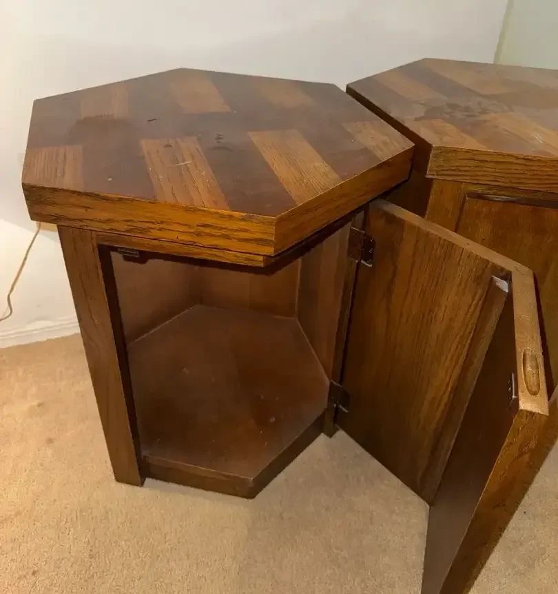 1970s Brutalist Hexagonal Wooden Side Tables w Door, Inner Storage