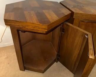 1970s Brutalist Hexagonal Wooden Side Tables w Door, Inner Storage