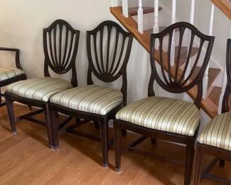 Ethan Allen Vintage Solid Cherry Dining Table w 2 Leaves and 6 Shield Back Upholstered Chairs