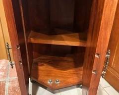 Vintage hand carved teak wood corner bar Asian landscapes.
