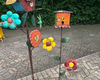 Handmade Whimsical Metal Garden Art  Double Birdhouse and Flower Sculpture