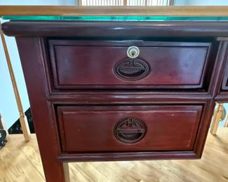 Chinese Rosewood Writing Desk with Carved Motifs and Glass Top second image