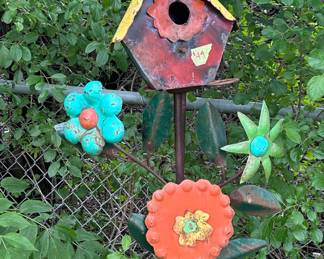 Handmade Metal Garden Art Birdhouse with Flowers and Butterfly