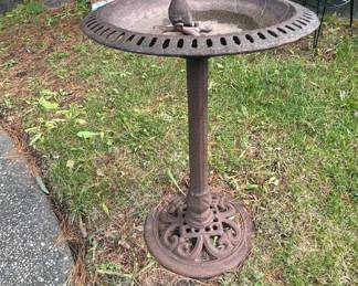 Cast Iron Bird Bath with Bird Finial and Scrollwork Base