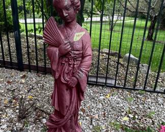 Vintage Concrete Geisha Statue with Fan