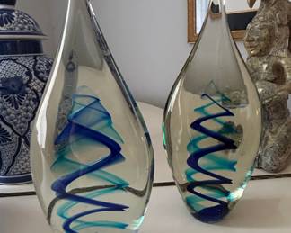 Set of Two Blown Glass Sculptures with Blue Swirls