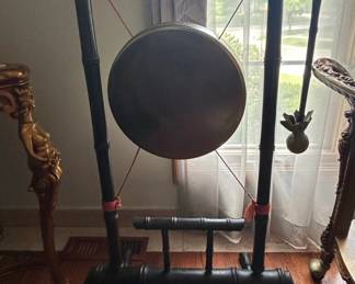 Vintage Bamboo Framed Gong with Gong and Mallet