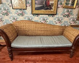 Victorian Style Wicker and Carved Mahogany Chaise Lounge