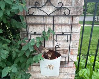 Wrought Iron Wall Planter Holder with Pot and Vintage Garden Tools