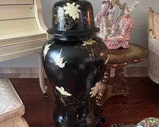 Black Lacquer Vase with Gilt and MotherofPearl Inlay, featuring Birds and Flowers