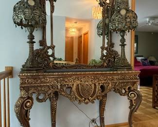 Ornate Giltwood Console Table with Mirror and Lamps  Homey Design