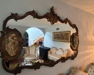 Large Ornate Rococo Revival Giltwood Mirror with Applied Putti Appliques