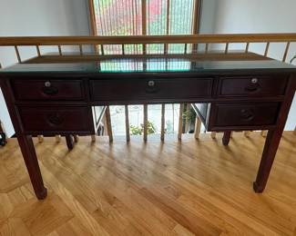 Chinese Rosewood Writing Desk with Carved Motifs and Glass Top