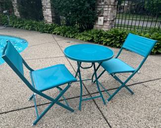 Teal Metal Folding Bistro Set with Round Table and Two Chairs