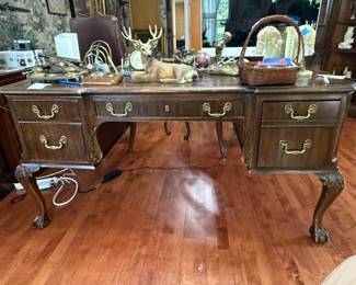 Vintage Mahogany Ball and Claw Foot Executive Desk with Tooled Leather Top