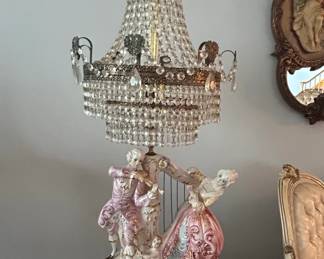 Capodimonte Porcelain Figural Chandelier Table Lamp with Crystal Prisms