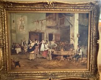 Italian Genre Scene Painting in Ornate Gilt Frame