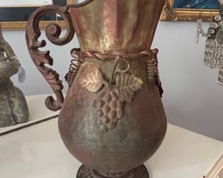 Decorative Metal Pitcher with Grape Motif and Ornate Handle