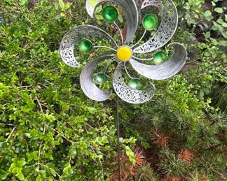 Metal Garden Wind Spinner with Green Glass Accents