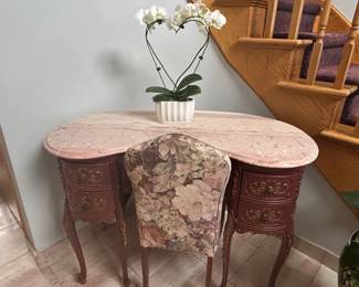 Vintage French Provincial Style KidneyShaped Vanity Table and Chair with Pink Marble Top