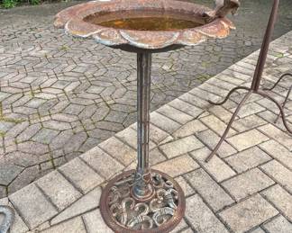 Antique Cast Iron Bird Bath with Ornate Pedestal and Bird Motif