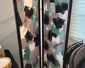 Art Deco Style Black Metal and Abstract Panel Room Divider Screen
