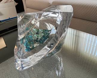 Large Faceted Crystal Sculpture with Blue or Green Glass Inclusions