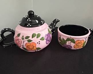 Designs by J by Ganz Pink Floral Teapot with Black Polka Dot Lid and Handle