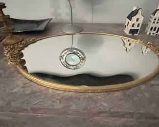 Vintage Matson Ormolu Oval Vanity Tray with Mirror and Floral Accents