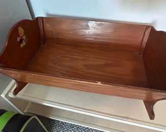 Vintage Wooden Doll Cradle with HandPainted Bear Motif