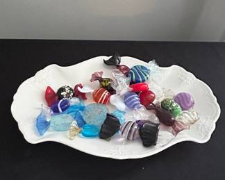Assorted Murano Style Blown Glass Candy Figurines on White Porcelain Tray