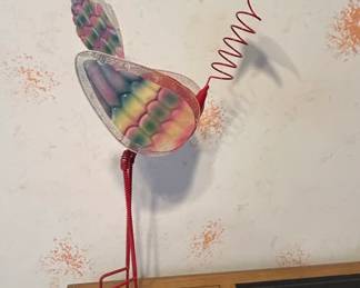Whimsical Metal Bird Sculpture with Spring Neck and Iridescent Wings