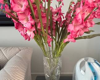 Crystal Vase with Pink Artificial Gladiolus Arrangement