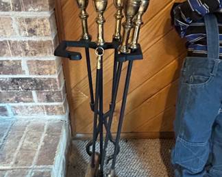 Vintage Brass and Black Metal Fireplace Tool Set