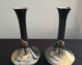 Pair of Japanese Sterling Silver and Black Lacquer Vases with Etched Landscape Scenes