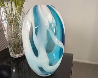 Murano Style Blue and White Swirl Vase