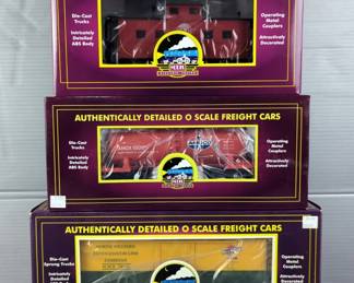M.T.H. RailKing Electric Trains Chicago Northwestern Refrigerator Car, Amoco 8000 Gallon Tank Car And Pittsburgh & West Virginia Steel Caboose-Center Cupola, O Gauge, In Original Boxes