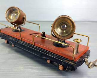 Lionel Prewar Tin Train Cars With Copper And Brass Plate, Including Electric Steam Locomotive # 258 And Searchlight Car, O Gauge 