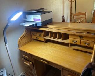 Roll top Desk, Printer, And Floor Lamp