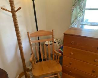Light Stained Wood Chest, Rocking Chair, And Coat Rack