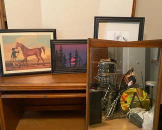Three Paintings And Wood Framed Mirror