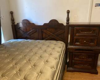 Spring Air Queen Mattress And Box Springs With 70s Headboard And Matching Night Stands