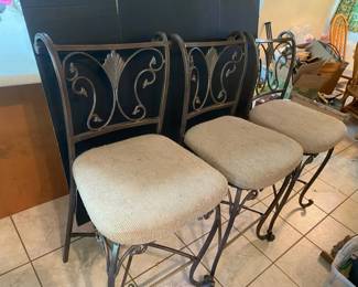 Three Scrolled Metal And Fabric Seat Bar Stools