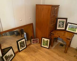 Side Table, Mirror, Wood File Cabinet And Deco