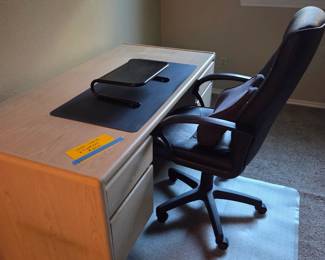 Desk, chair floor mat